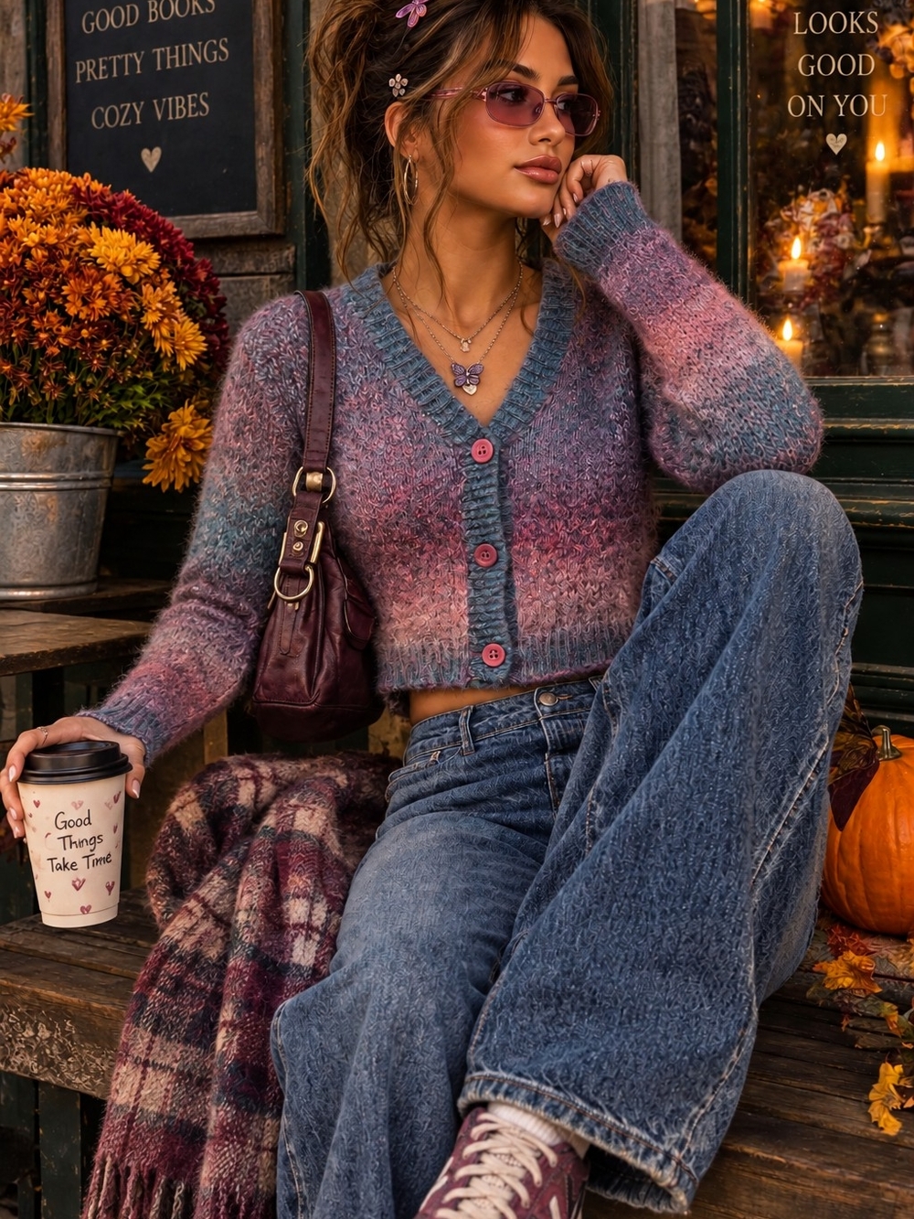 Sage & Oak Retro Vintage Y2K Ombrén Cardigan Sweater - Purple Pink